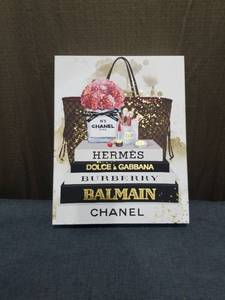 lot 1830 image: Fashion Brand Canvas Wall Art with Handbag and Flowers