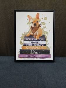 lot 1837 image: Framed Fashion Dog Print Louis Vuitton Chanel Dior Tiffany