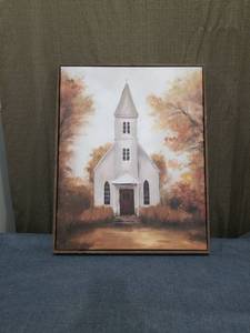 lot 1838 image: Framed Church Building Print with Wood and Mat Matting