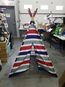 lot 1841 image: Striped Canvas Teepee Tent with Wooden Poles
