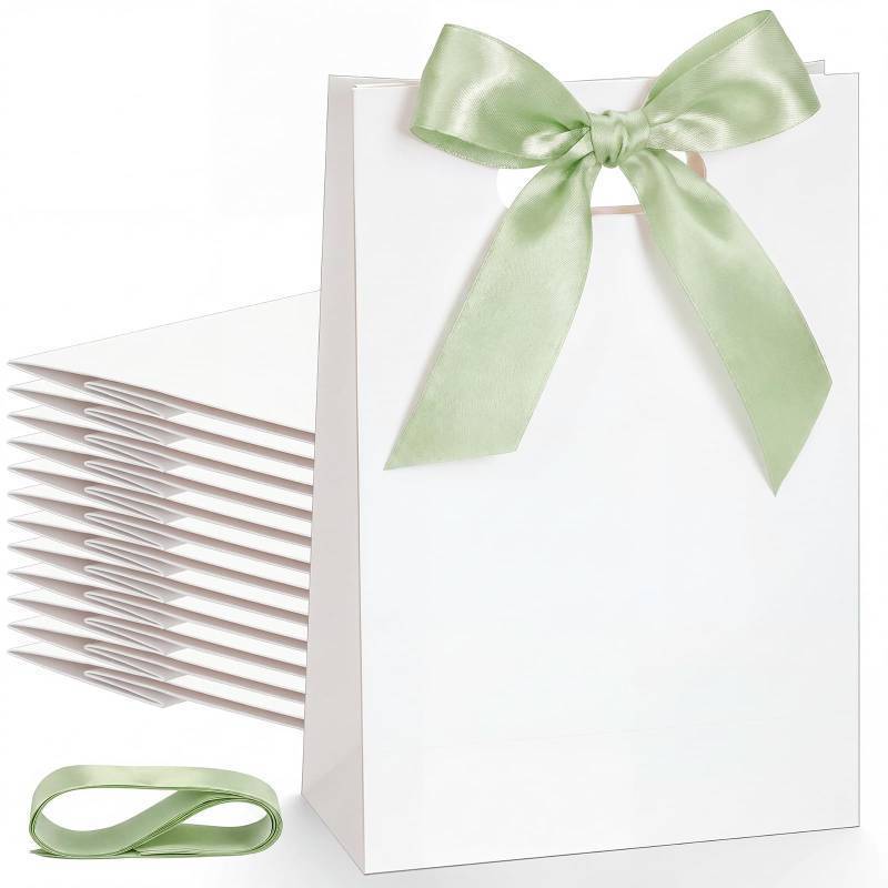 lot 26078 image: Aliceset 12 Pcs Wedding Paper Gift Bags 10 x 7 x 3.15 Small Thank You Bridesmaid Gift Bags with Die Cut Handles for Wedding Bridal Baby Shower Graduation Birthday Party Favor(White,Sage Green) - Retail $19