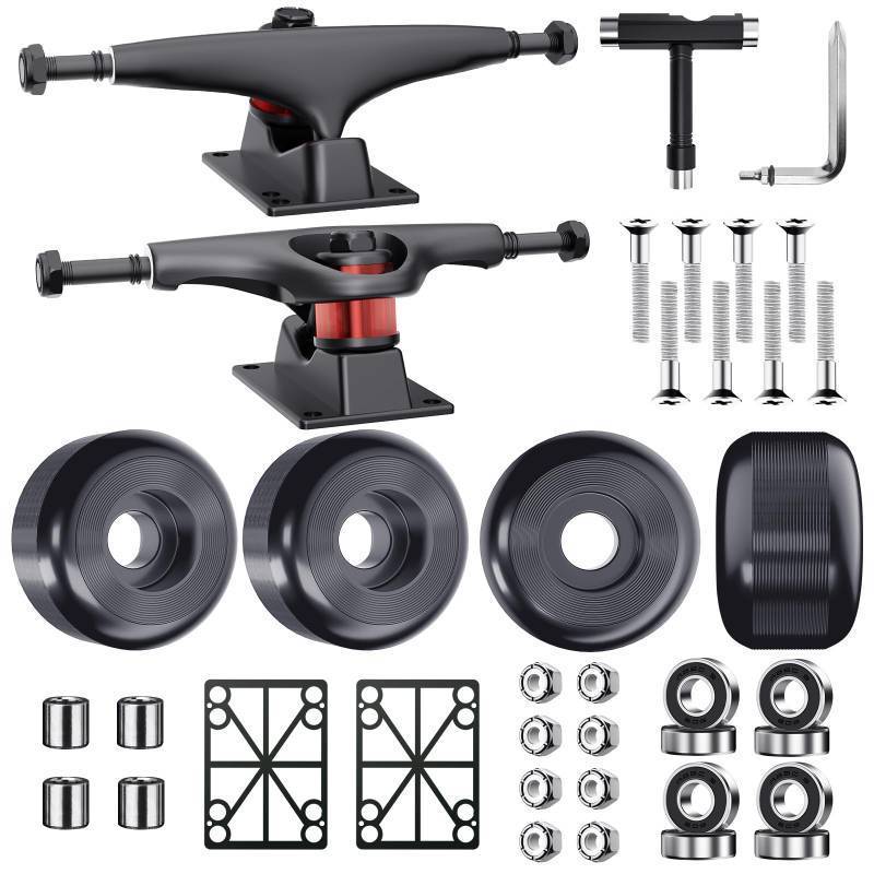 lot 19849 image: Jizmo Skateboard Trucks, Fits 7.75-8 Deck, Wheels 52mm, Bearings ABEC-9, Skateboard Pads, Hardware Tool Combo Starter Set - Black - Retail $30