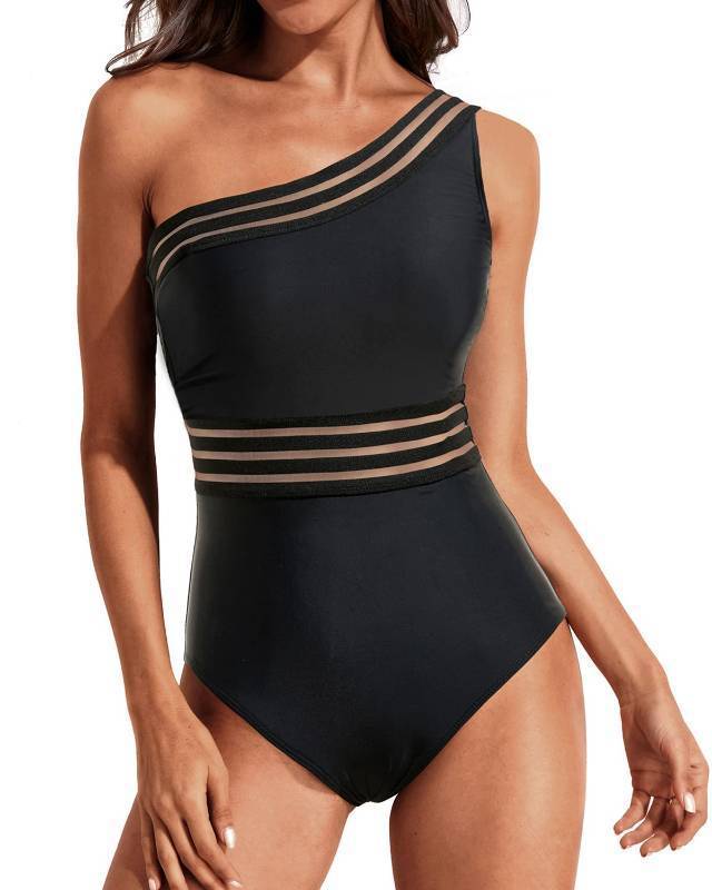 lot 26177 image: Tempt Me Women One Shoulder One Piece Swimsuits Tummy Control Bathing Suits Mesh Swimwear Black Large - Retail $34