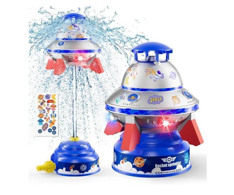 lot 26185 image: UFO Water Sprinkler for Kids, Water Rocket Toy Outdoor Summer Play WLight & Spin, Adjustable Height Water Launcher, DIY Space Sticker, Backyard Lawn Summer Water Toy Gift for Boys Girls Ages 3-12 - Retail $20