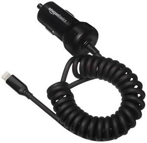 lot 4401 image: Amazon Basics Coiled Cable Lightning Car Charger, 1.5 Foot, White - Retail $11
