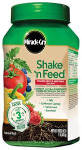 lot 4472 image: Miracle-Gro Shake N Feed Tomato, Fruit and Vegetable Plant Food - Fertilizer for Vegetable Gardens, for In-Ground and Container Plants, Feeds up to 3 Months, 1 lb. - Retail $8