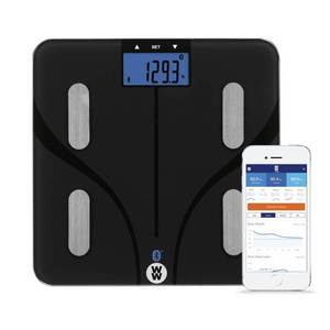 lot 4578 image: Weight Watchers Scales by Conair Smart Scale for Body Weight, Digital Bluetooth Smart Bathroom Scale with Body Fat, Muscle, and BMI in Black - Retail $42