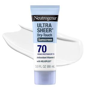 lot 4652 image: Neutrogena Ultra Sheer Dry Touch Sunscreen Lotion SPF 70 Broad Spectrum UVA UVB Protection Lightweight Water Resistant up to 80 Minutes Oil PABA Oxybenzone Free, 3 fl oz - Retail $10
