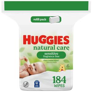 lot 4680 image: Huggies Natural Care Sensitive Baby Wipes, Unscented, Hypoallergenic, 99% Purified Water, 1 Refill Pack (184 Wipes Total) - Retail $8