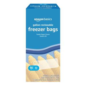 lot 4685 image: Amazon Basics Reclosable Freezer Gallon Size Bags with Double Zipper Seal, Stand-Up Bottom, BPA Free, 90 Count (Previously Solimo) - Retail $10