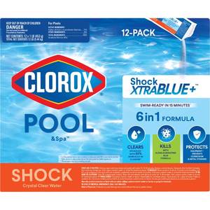 lot 4729 image: Clorox Pool&ampSpa Shock XTRABLUE Plus, Kills Bacteria &amp Algae in Swimming Pools, Swim-Ready in 15 Minutes, (12-Pack), Granular - Retail $50