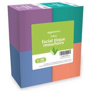 lot 4770 image: Amazon Basics Facial Tissues with Lotion, 2-Ply, 300 Count (4 Boxes, 75 Tissues per Box), Packaging May Vary - Retail $7