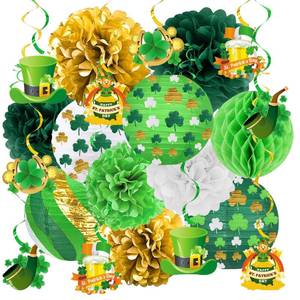 lot 4829 image: KAXIXI St Patricks Day Decorations Set - Lucky Shamrock Paper Lanterns, Hanging Pom Poms, Honeycomb Balls & Green Gold Swirls Decor for Home Classroom Office Party, Reusable Irish Theme, 21PCS - Retail $18