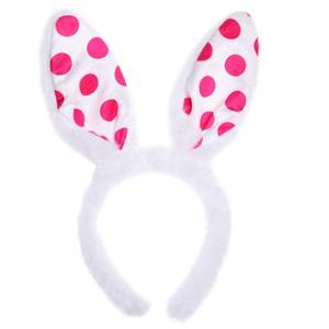 lot 4863 image: RUNUP 1PC Rabbit Easter White Plush Bunny Ears Headband with Rose Pink Dotted Print Hairband for Women,Girls,Adjustable and Comfortable Hair Accessory - Retail $7