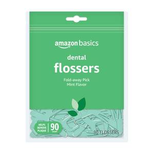 lot 4886 image: Amazon Basics Mint Dental Flossers, Shred Resistant, Slides Easily Between Teeth, with Fold-Away Pick, 90 Count, 1-Pack (Previously Solimo)