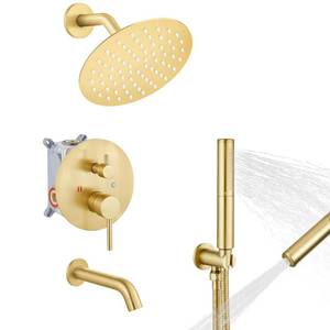 lot 5333 image: Airuida 3-Function Rain Shower System Set Wall Mount Tub Shower Combo with Handheld Shower and Tub Spout,8 Inch Shower Head,Brushed Gold - Retail $120
