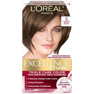 lot 5347 image: LOreal Paris Excellence Triple Protection Permanent Hair Color - 5 Medium Brown - 1 Kit Paraben-Free, Includes Gloves, For All Hair Types - Retail $16