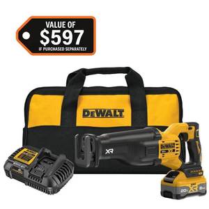 lot 3560 image: DEWALT XR Lithium-Ion Cordless Reciprocating Saw Kit - Model DCS384WW1 - 8.0 Ah Battery and Charger - Retail $482
