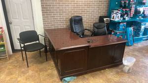 lot 3705 image: Executive Desk with Drawers and Paneled Front 3 Chairs&nbsp