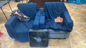 lot 3714 image: 2-Piece Gray Upholstered Armchair Set with Box Cushions and Box Fan&nbsp