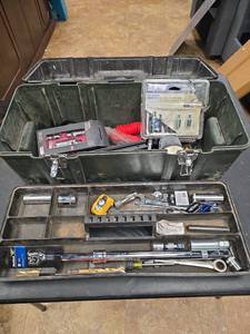 lot 8797 image: Tool Storage Box with Hand Tools, Ratchet Wrenchs, Drill Bits, and Accessories