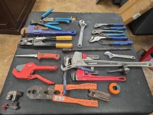 lot 8799 image: Assorted Hand Tools Lot Pex Crimp Tools Pipe Wrenches Adjustable Wrenches Pliers&nbsp