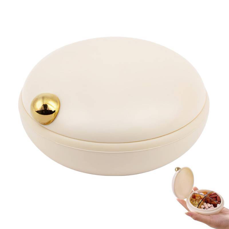 lot 141 image: iplusmile Pill Case Travel Pill Organizer 4 Times a Day, Portable Pill Box Dispenser Organizer Daily Pill Boxes Round Pill Containers Beige Retail $17.49
