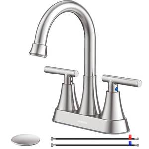 lot 3348 image: Bathroom Faucets for Sink 3 Hole, Hurran 4 inch Brushed Nickel Bathroom Sink Faucet with Pop-up Drain and Supply Lines, Stainless Steel Centerset Faucets for Sink Vanity RV
