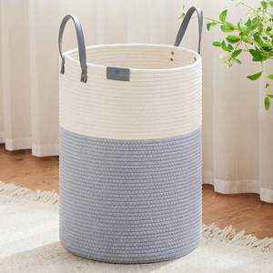 lot 3354 image: VIPOSCO Tall Laundry Basket, Large Dirty Clothes Hamper with Leather Handle, Woven Rope Storage Basket for Blanket, Toy In Living Room, Bathroom, Bedroom - 100L Grey & White