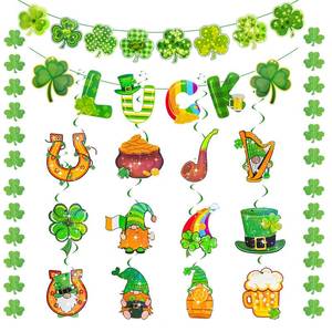 lot 4451 image: St. Patricks Day Decorations Kit with Luck Banner, 12 Glitter Hanging Swirl Decorations & Double-Sided Cutouts, Shamrock Garland Streamers & DIY Trim Clover Hanging Decor for Irish Party Home Office