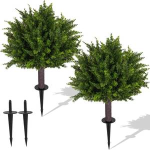 lot 5328 image: 24.5 Inch Set of 2 Topiary Cedar Trees Artificial Outdoor,UV Resistant Shrubs Artificial Outdoor Plants,Artificial Bushes for Outdoors with Ground Spike for Spring Porch Decor��2PCS��