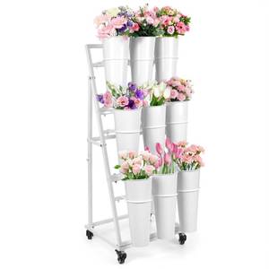 lot 5333 image: LEALIBAUSS 3FT Flower Display Stand with 9 Buckets,Metal Flower Bar Stand with Wheels,3 Layers Moving Florist Bouquet Shelf for Indoor Outdoor Garden,Flower Shop,Wedding,Party Decor (WHITE)