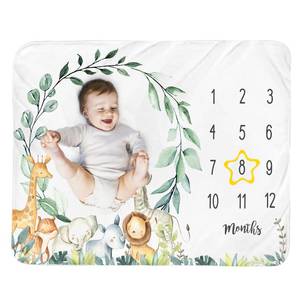 lot 6131 image: Baby Monthly Milestone Blanket Boy - Jungle Animals Newborn Month Blanket Neutral Safari Personalized Shower Gift Eucalyptus Leaf Wreath Nursery Decor Photography Background Prop with Frame 51x40