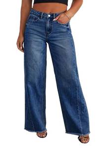 lot 6136 image: Eytino Womens Plus Size Jeans Stretchy High Waisted Casual Wide Leg Raw Hem Denim Pants with Pockets,3X Bluing size 3XL