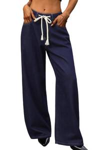 lot 6201 image: ELLEVEN Jeans for Women Trendy Wide Leg Low Rise Waisted Drawstring Straight Boyfriend Mom Loose Jeans Denim Pants Trousers Baggy Spring Fall Winter Raw Denim 6
