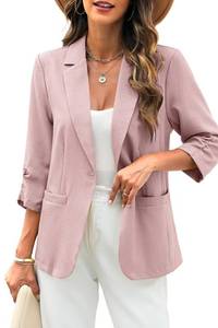 lot 20498 image: ELLEVEN Womens Linen Blazer 34 Ruched Sleeve Business Casual Outfits for Women Lightweight Fitted Dressy Suit Jackets Half Lining Trendy Spring Summer with Pockets Light Pink Small