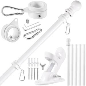 lot 11354 image: BONWIN White Flag Pole Kit for Outside House, 6FT Thickened Stainless Steel Wall Mount Flag Pole for 3x5 4x6 Flag, 1 Anti-Wrap Spinning Flag Ring Clips & 2-Position Bracket Holder for Porch Yard