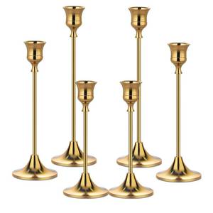 lot 11357 image: Metal Candle Holders for Candlesticks Taper Candlestick Holders Set Vintage Decorative Centerpiece Candelabra Tall Candle Stands (Gold, 2 Sets (6 pcs))