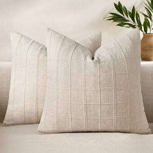 lot 11363 image: Woaboy Linen Check Throw Pillow Covers Set of 2 - Natural Beige Farmhouse Modern Boho Vintage Decorative Cushion Covers for Sofa Couch Bedroom Living Room Decor 20x20 Inch