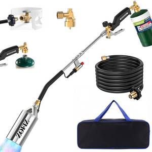 lot 11395 image: Propane Torch Weed Burner Kit with Storage Bag,10FT Hose Heavy Duty Blow Torch 33.5 Flamethrower with Self Igniter and Turbo Trigger for Weeding,Roofing,Ice Melting,Road Marking(Fuel Not Included)