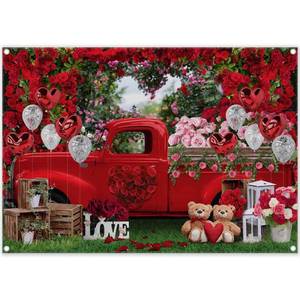 lot 12116 image: ZTHMOE 8x6ft Polyester Valentines Day Red Truck Backdrop Rose Garden Heart Love Balloons Photography Background Romantic Gift Banner Decorations Couple Photo Props