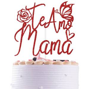 lot 12138 image: Red Glitter Te Amo Mama Cake Topper, I Love You MomHappy Mothers Day, Funny Mothers Day Party Decorations Supplies