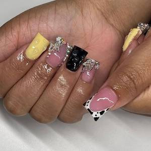 lot 12139 image: 24 Pcs Press on Nails Short Square Nail Tips,YEFIUO Fake Nails Press ons Blue Zebra Pattern French Glue on Nails Acrylic Nail Art Kit Full Cover False Nails with Rhinestones Charms Design Women