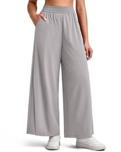 lot 12155 image: G4Free Trouser Style Yoga Pants for Women with Pockets Elastic Waisted Lightweight Wide Leg Athletic Ankle Pants(Grey,XL,Petite)