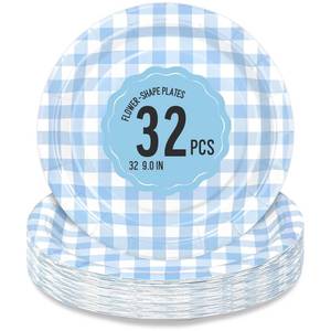 lot 12161 image: Polinook 32 Pcs Gingham Party Supplies Blue Paper Plates - 9 Inches Disposable Plaid Decorative Dinner Dessert Serving Plates - For Baby Shower Wedding Birthday Party
