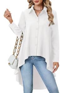 lot 12165 image: OPOIPIN Womens Button Down Shirt Asymmetrical High Low Hem Blouse V Neck Long Sleeve Tunic Tops Solid White X-Small