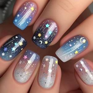 lot 12196 image: Short Square Press on Nails Independence Day Nails Star Fake Nails with Designs 4th of July False Nails French Acrylic Nails Full Cover Glue on Nails Gradient Colorful Stick on Nails for Women 24Pcs