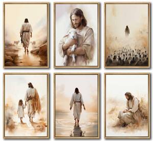 lot 12198 image: 6Pcs Jesus Christian Canvas Wall Art Jesus Embraces the Lamb Jesus Walking On Water Wall Decor Pictures God Jesus Girl Prints Posters for Hallway Church Living Room Bedroom Decoration