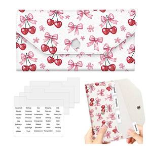 lot 12199 image: BOFKWSY Cash Envelope Wallet for Budgeting, PU Leather Cute Cash Pouch with 4 Cash Dividers & 1 Category Stickers, Reusable Money Holder for Men and Women Cute Cherry Bow