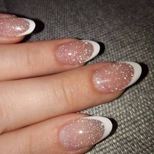 lot 12201 image: 24 Pcs Oval Press on Nails Short Almond Nail Tips,YEFIUO Pink Fake Nails Press ons White French Glue on Nails Summer Glossy Acrylic Nail Art Kit Full Cover False Nails with Glitter Design for Maam